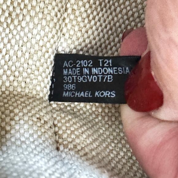 Michael Kors Eva Large Tote White/Ivory Pink Stripe Coated Canvas Purse Bag - Picture 6 of 13